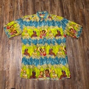 Vintage Burma Bibas Shirt Men's Small Silk Hawaiian Hula Girl Button Up Camp 90s